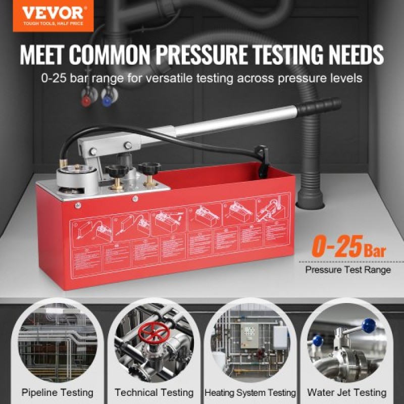 Υδροστατική δοκιμαστική αντλία VEVOR, Max 25 bar/362 PSI, Χειροκίνητο κιτ ελέγχου πίεσης νερού υδραυλικής διπλής βαλβίδας με μετρητή Δεξαμενή νερού 10L, σωλήνας 1,4 m με εξωτερικό σύνδεσμο σπειρώματος 1,27 cm για αγωγό