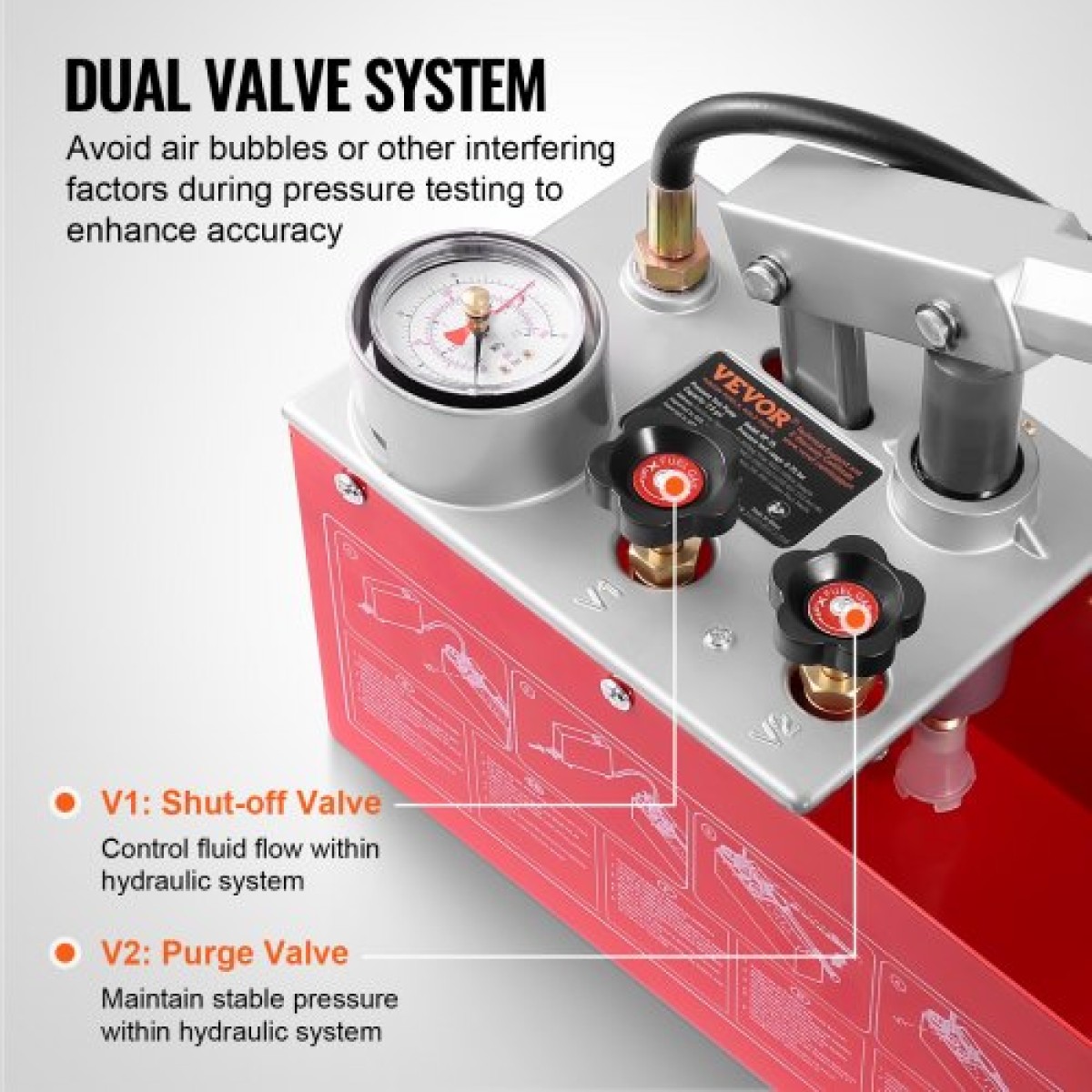 Υδροστατική δοκιμαστική αντλία VEVOR, Max 25 bar/362 PSI, Χειροκίνητο κιτ ελέγχου πίεσης νερού υδραυλικής διπλής βαλβίδας με μετρητή Δεξαμενή νερού 10L, σωλήνας 1,4 m με εξωτερικό σύνδεσμο σπειρώματος 1,27 cm για αγωγό