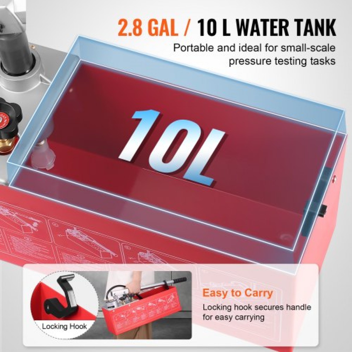 Υδροστατική δοκιμαστική αντλία VEVOR, Max 25 bar/362 PSI, Χειροκίνητο κιτ ελέγχου πίεσης νερού υδραυλικής διπλής βαλβίδας με μετρητή Δεξαμενή νερού 10L, σωλήνας 1,4 m με εξωτερικό σύνδεσμο σπειρώματος 1,27 cm για αγωγό