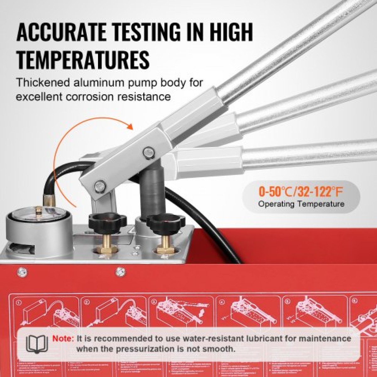 Υδροστατική δοκιμαστική αντλία VEVOR, Max 25 bar/362 PSI, Χειροκίνητο κιτ ελέγχου πίεσης νερού υδραυλικής διπλής βαλβίδας με μετρητή Δεξαμενή νερού 10L, σωλήνας 1,4 m με εξωτερικό σύνδεσμο σπειρώματος 1,27 cm για αγωγό