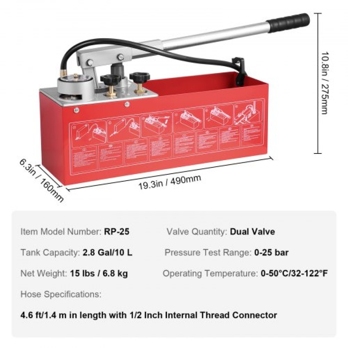 Υδροστατική δοκιμαστική αντλία VEVOR, Max 25 bar/362 PSI, Χειροκίνητο κιτ ελέγχου πίεσης νερού υδραυλικής διπλής βαλβίδας με μετρητή Δεξαμενή νερού 10L, σωλήνας 1,4 m με εξωτερικό σύνδεσμο σπειρώματος 1,27 cm για αγωγό