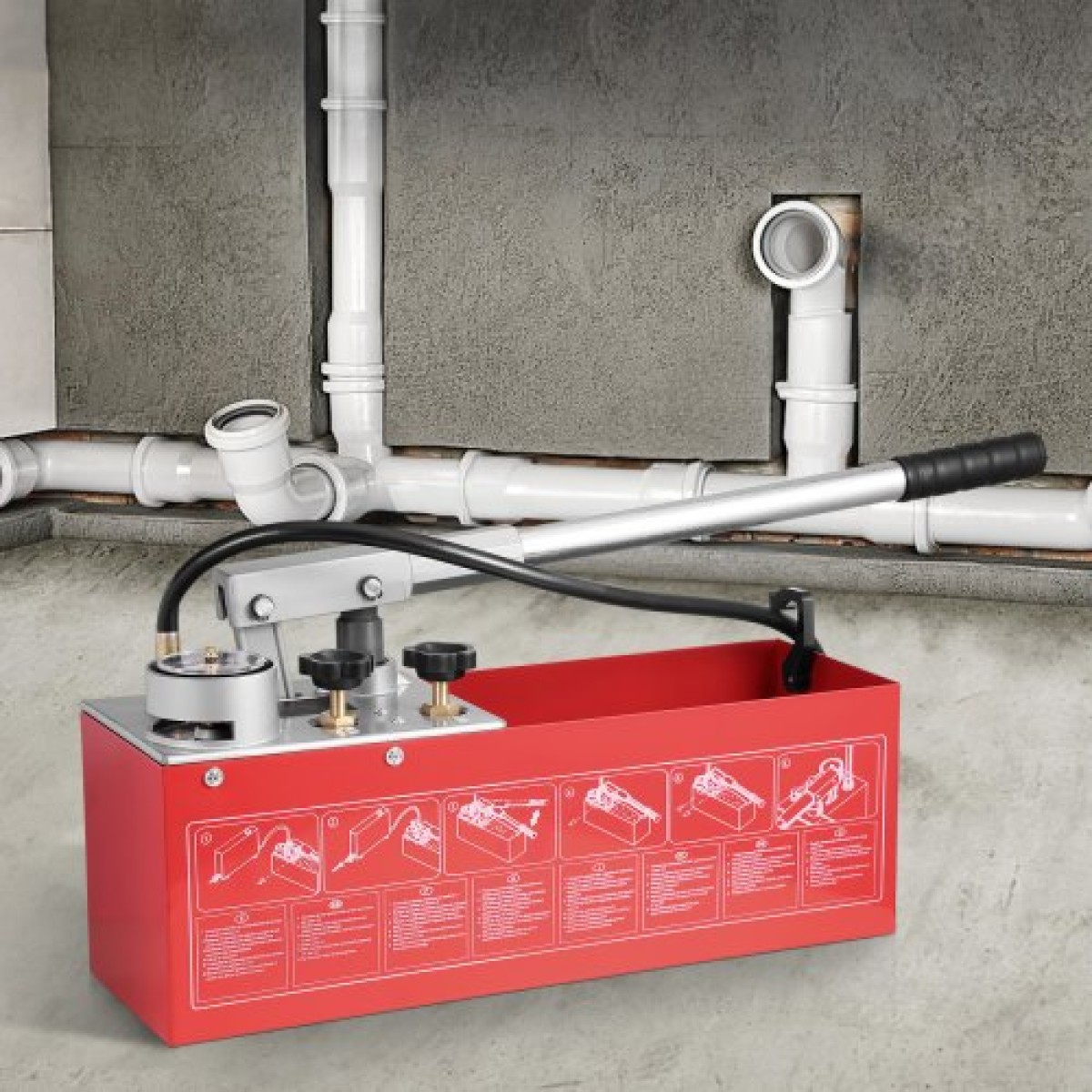 Υδροστατική δοκιμαστική αντλία VEVOR, Max 25 bar/362 PSI, Χειροκίνητο κιτ ελέγχου πίεσης νερού υδραυλικής διπλής βαλβίδας με μετρητή Δεξαμενή νερού 10L, σωλήνας 1,4 m με εξωτερικό σύνδεσμο σπειρώματος 1,27 cm για αγωγό