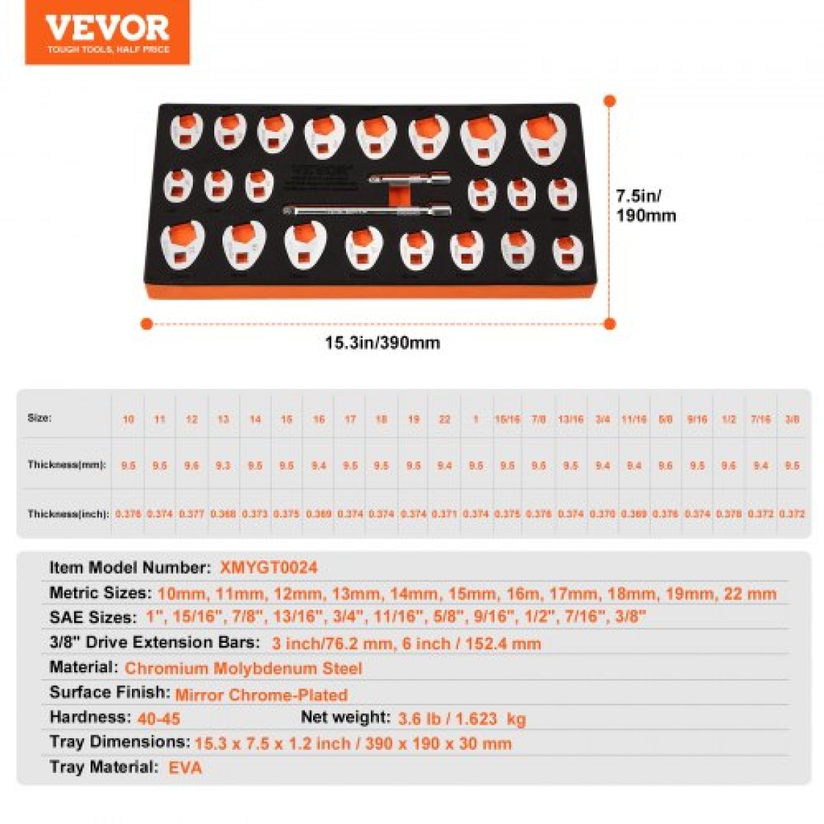 Σετ κλειδιού VEVOR 3/8" Drive Crowfoot με 2 ράβδους επέκτασης, σετ κλειδιού ποδιών Crows 24 τεμαχίων, SAE 3/8"-1" και Metric 10-22 mm, Σετ κλειδιού Crowfoot από ατσάλι CR-MO, με EVA Tool Organizer