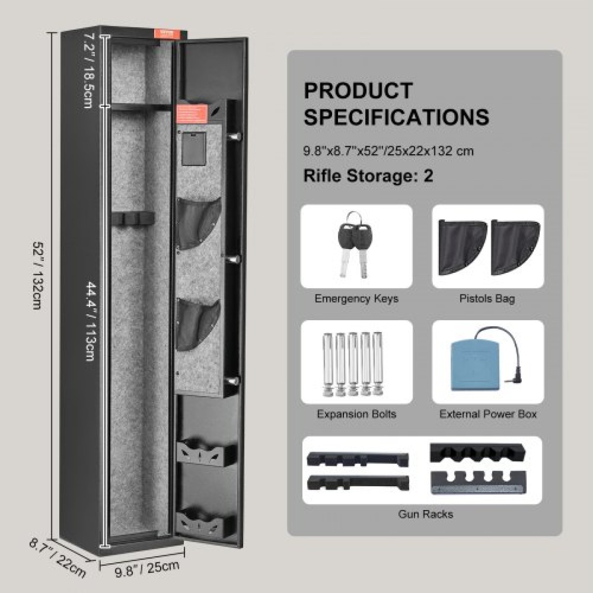 VEVOR 2 Rifles Gun Safe, Rifle Safe με κλειδαριά & ψηφιακό πληκτρολόγιο, ντουλάπι αποθήκευσης όπλων γρήγορης πρόσβασης με αφαιρούμενο ράφι, ράφι πιστολιού, ντουλάπι τυφεκίου για οικιακό τουφέκι και πιστόλια