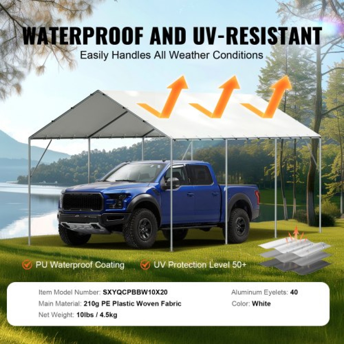 VEVOR 10 x 20 ft ανταλλακτικό κάλυμμα κουβούκλιο, προστατευτικό κάλυμμα για σκηνές γκαράζ βαρέως τύπου αδιάβροχο & προστατευμένο από υπεριώδη ακτινοβολία, Εύκολη εγκατάσταση με 40 μπάντζες μπάλες (μόνο επάνω κάλυμμα, δεν περιλαμβάνεται πλαίσιο), λευκό