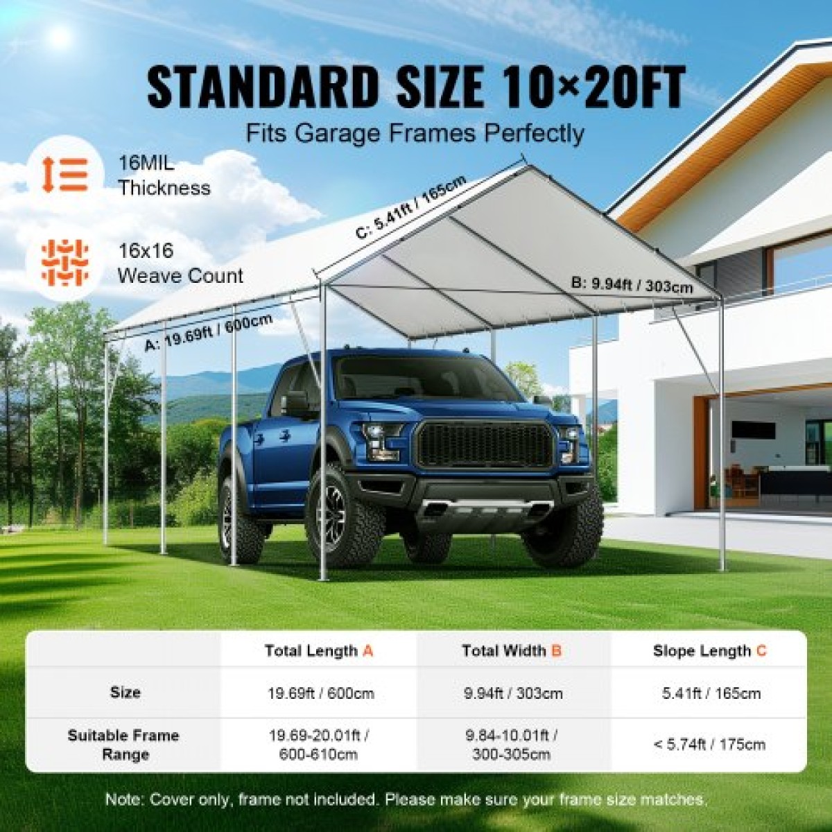 VEVOR 10 x 20 ft ανταλλακτικό κάλυμμα κουβούκλιο, προστατευτικό κάλυμμα για σκηνές γκαράζ βαρέως τύπου αδιάβροχο & προστατευμένο από υπεριώδη ακτινοβολία, Εύκολη εγκατάσταση με 40 μπάντζες μπάλες (μόνο επάνω κάλυμμα, δεν περιλαμβάνεται πλαίσιο), λευκό