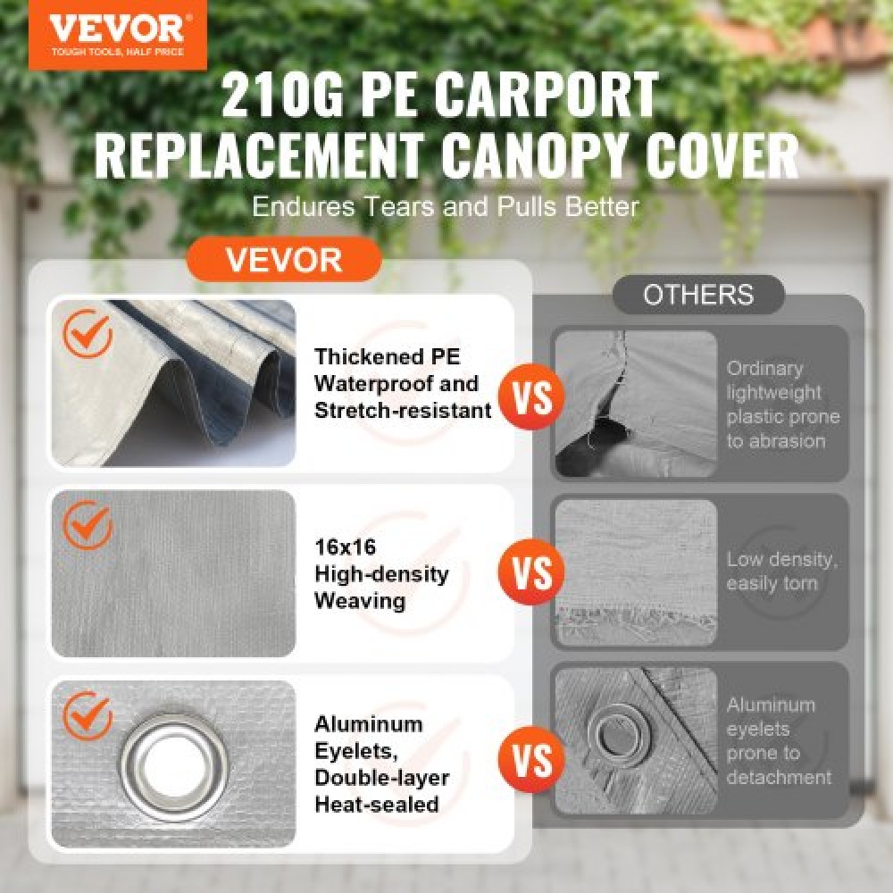 Ανταλλακτικό κάλυμμα κουβούκλιο VEVOR Carport 13 x 20 ποδιών, προστατευτικό κάλυμμα για σκηνές γκαράζ βαρέως τύπου αδιάβροχο και προστασία από την υπεριώδη ακτινοβολία, Εύκολη εγκατάσταση με μπάντζες μπάλας, γκρι (Μόνο επάνω κάλυμμα, δεν περιλαμβάνεται πλ