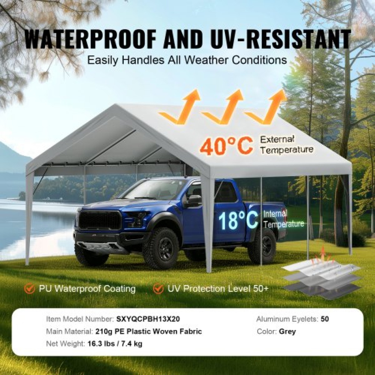 Ανταλλακτικό κάλυμμα κουβούκλιο VEVOR Carport 13 x 20 ποδιών, προστατευτικό κάλυμμα για σκηνές γκαράζ βαρέως τύπου αδιάβροχο και προστασία από την υπεριώδη ακτινοβολία, Εύκολη εγκατάσταση με μπάντζες μπάλας, γκρι (Μόνο επάνω κάλυμμα, δεν περιλαμβάνεται πλ