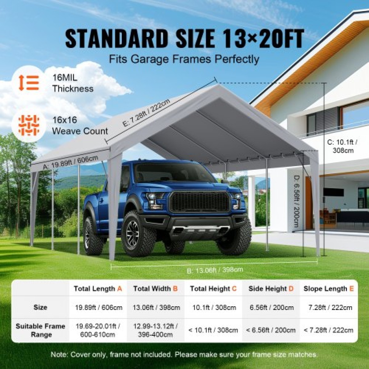 Ανταλλακτικό κάλυμμα κουβούκλιο VEVOR Carport 13 x 20 ποδιών, προστατευτικό κάλυμμα για σκηνές γκαράζ βαρέως τύπου αδιάβροχο και προστασία από την υπεριώδη ακτινοβολία, Εύκολη εγκατάσταση με μπάντζες μπάλας, γκρι (Μόνο επάνω κάλυμμα, δεν περιλαμβάνεται πλ