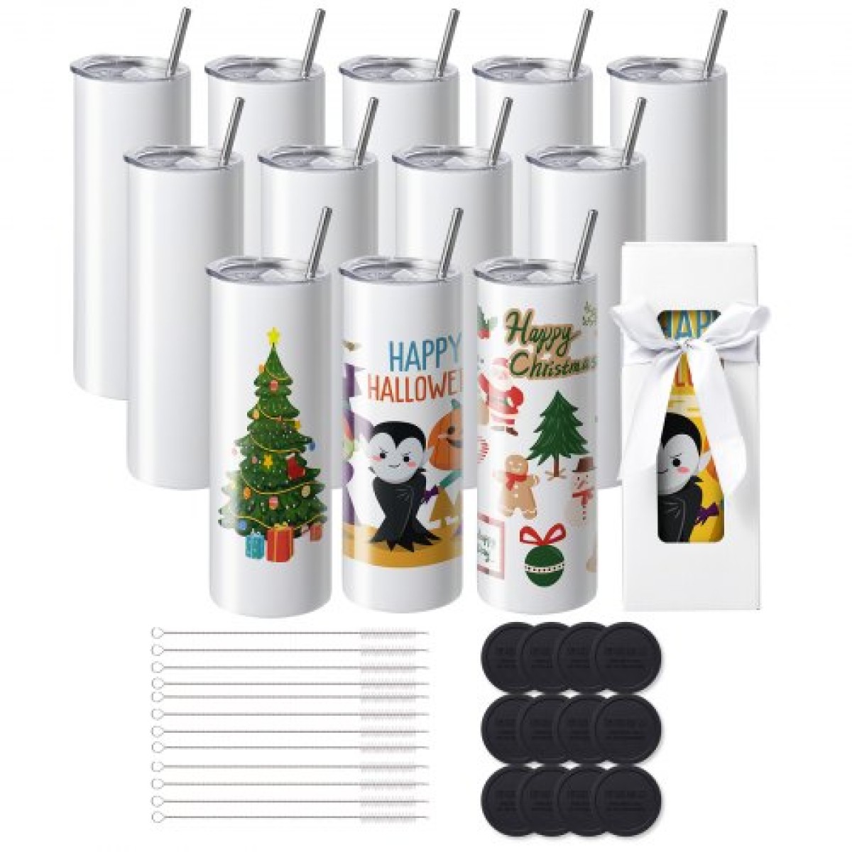 VEVOR 12 Pack Straight Sublimation Tumblers, 591,5 ml Blank Tumbler Bulk, από ανοξείδωτο χάλυβα διπλού τοιχώματος ποτηράκια με άχυρο, καπάκι, βούρτσα, βάση, συρρικνωμένο περιτύλιγμα, κουτί δώρου, για πίεση θερμότητας και μεταφορά θερμότητας