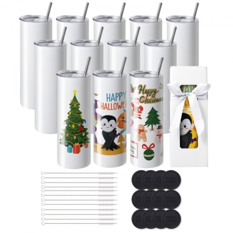 VEVOR 12 Pack Straight Sublimation Tumblers, 591,5 ml Blank Tumbler Bulk, από ανοξείδωτο χάλυβα διπλού τοιχώματος ποτηράκια με άχυρο, καπάκι, βούρτσα, βάση, συρρικνωμένο περιτύλιγμα, κουτί δώρου, για πίεση θερμότητας και μεταφορά θερμότητας