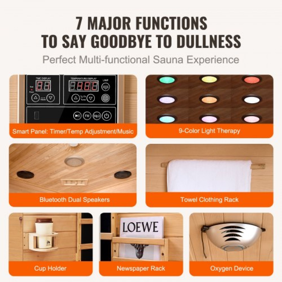 VEVOR Far Infrared Wooden Sauna, Room Home Sauna Spa για 2 Άτομα, Χαμηλή EMF Far Infrared Ξύλινη Σάουνα με σκληρυμένη γυάλινη πόρτα & πολύχρωμη λάμπα LED & ηχεία Bluetooth, 1850W Εσωτερική χρήση
