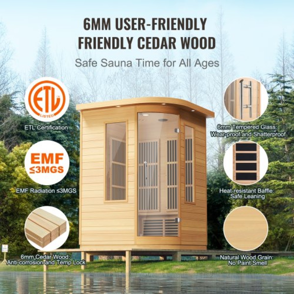 VEVOR Far Infrared Wooden Sauna, Room Home Sauna Spa για 2 Άτομα, Χαμηλή EMF Far Infrared Ξύλινη Σάουνα με σκληρυμένη γυάλινη πόρτα & πολύχρωμη λάμπα LED & ηχεία Bluetooth, 1850W Εσωτερική χρήση