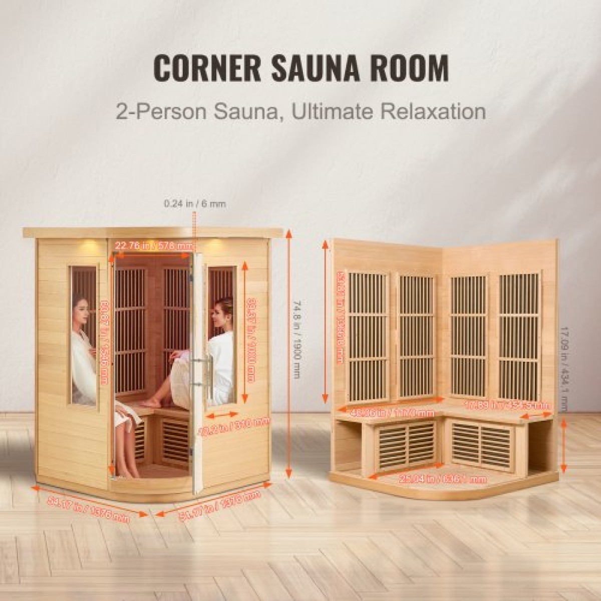 VEVOR Far Infrared Wooden Sauna, Room Home Sauna Spa για 2 Άτομα, Χαμηλή EMF Far Infrared Ξύλινη Σάουνα με σκληρυμένη γυάλινη πόρτα & πολύχρωμη λάμπα LED & ηχεία Bluetooth, 1850W Εσωτερική χρήση