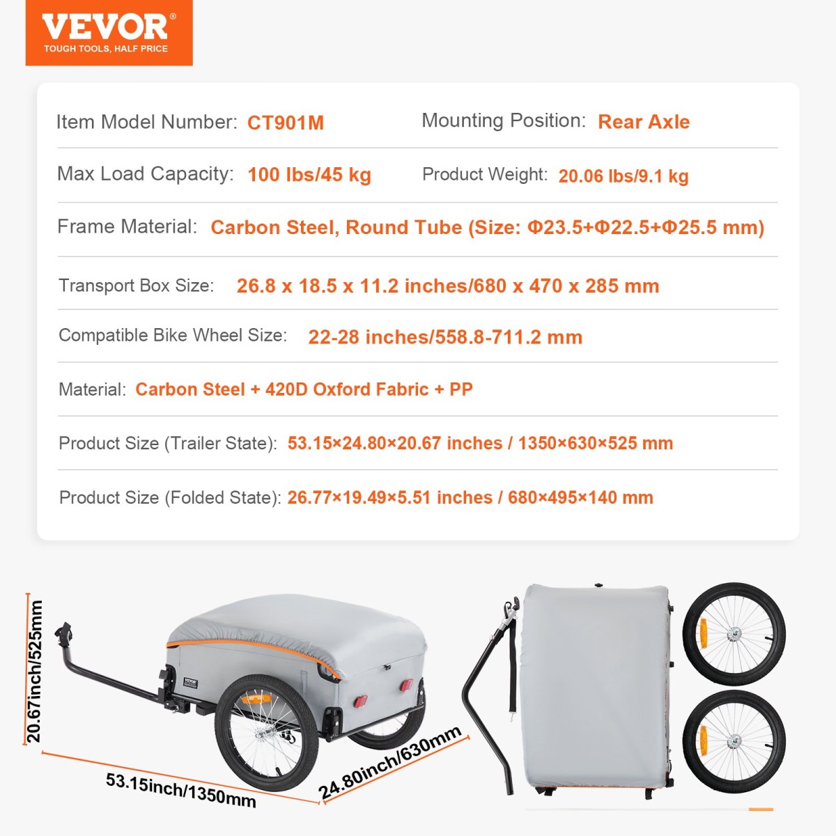 VEVOR Bike Cargo Trailer, χωρητικότητα φόρτωσης 88/100/160 lbs, βαρέως τύπου καρότσι ποδηλάτου, αναδιπλούμενος συμπαγής χώρος αποθήκευσης με γενικό κοτσαδόρο