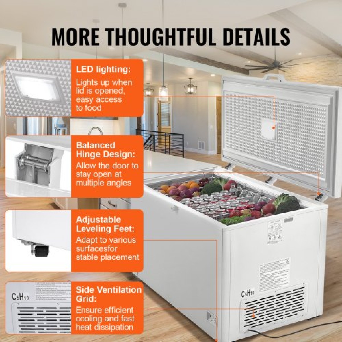 VEVOR Chest Freezer, 17,2 cu.ft / 488 L Large Deep Freezer & 4 Αποσπώμενα καλάθια, Ανοιχτοί Επαγγελματικοί Καταψύκτες Θυρίδας με Καπάκι, Ρυθμιζόμενη θερμοκρασία 7 Επιπέδων, Φωτισμός LED, 6 Τροχοί