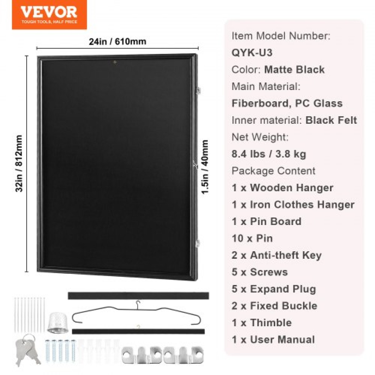 Θήκη πλαισίου οθόνης VEVOR Jersey, 24 x 32 x 1,5 ίντσες/61 x 81,3 x 3,8 cm, Μεγάλο Sport Jersey Shadow Box με 98% προστασία από υπεριώδη ακτινοβολία για υπολογιστή και κρεμάστρες, για μπλούζα και στολή χόκεϊ ποδοσφαίρου μπάσκετ μπάσκετ, μαύρη
