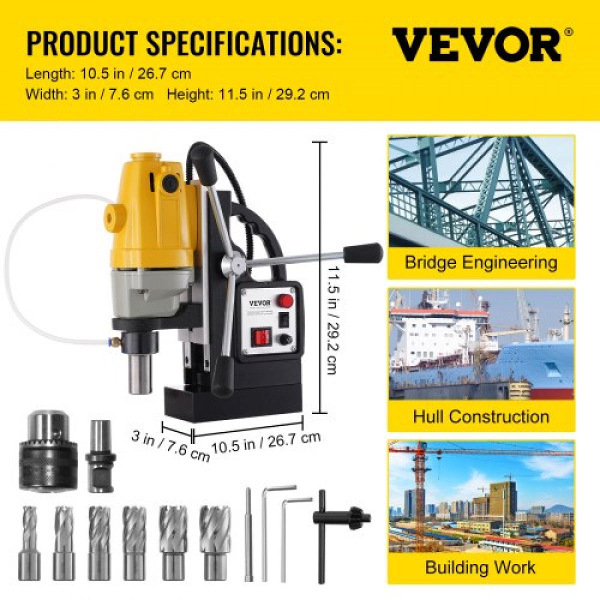 VEVOR 1100W Magnetic Drill Press 12000 N Magnet Force με 6 τμχ Δακτυλιοειδείς μύτες κοπής HSS