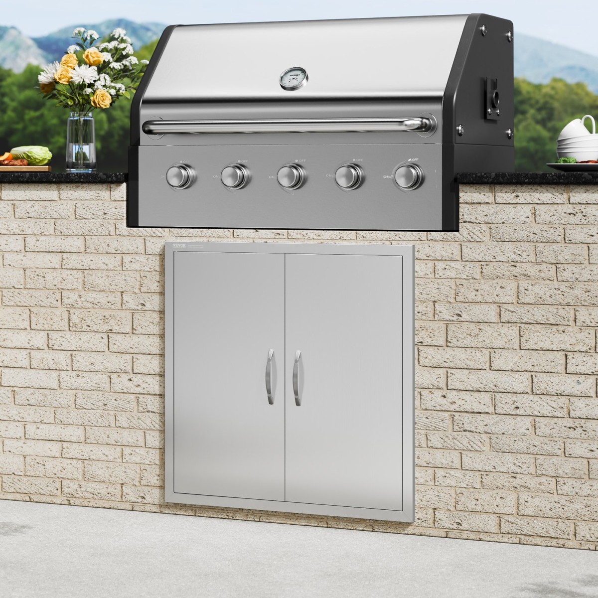 VEVOR BBQ Access Door, 790x790 mm Διπλή Πόρτα Εξωτερικής Κουζίνας, Πόρτα από ανοξείδωτο ατσάλι Flush Mount, Επιτοίχια Κατακόρυφη Πόρτα με χερούλια, για BBQ Island, Ψητοπωλείο, Εξωτερικό ντουλάπι
