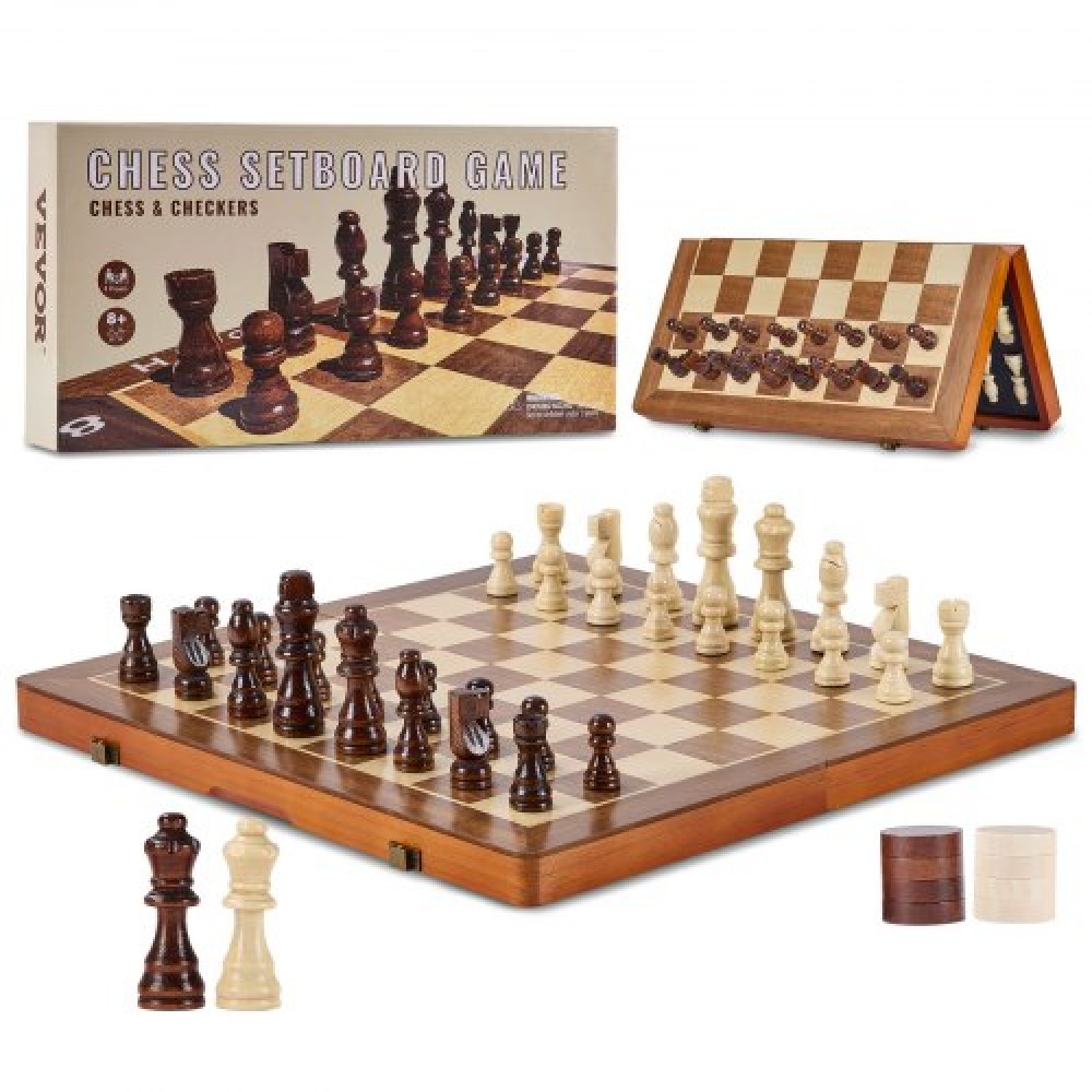VEVOR Magnetic Wooden Chess Set, 15 inch/38,1 cm 2-IN-1 Chess Checkers Set, Πτυσσόμενα επιτραπέζια παιχνίδια σκακιού για ενήλικες Παιδιά, 2 Queens φορητό σετ σκακιού δώρου ταξιδιού για τουρνουά Επαγγελματίας αρχάριος