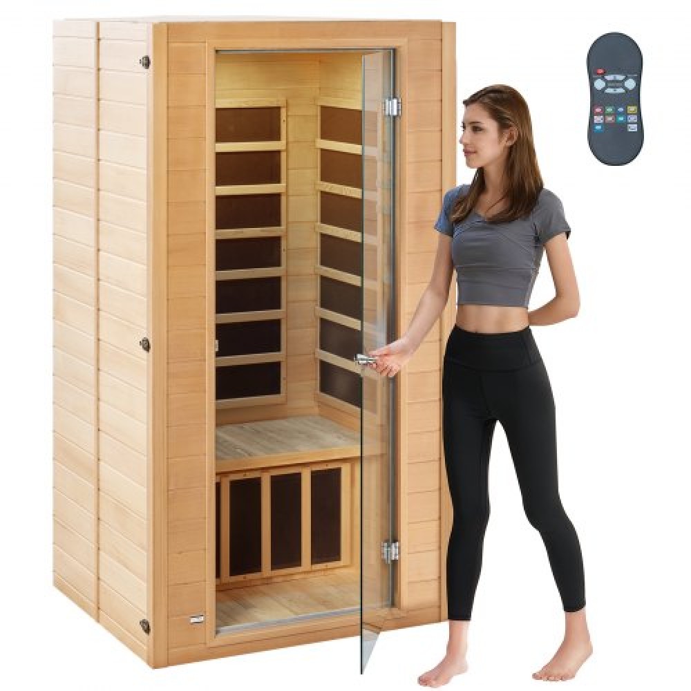 VEVOR Far Infrared Wood Sauna, Room Home Sauna Spa για 1 έως 2 Άτομα, Low EMF Far Infrared Wood Sauna με σκληρυμένη γυάλινη πόρτα & πολύχρωμη λάμπα & ηχεία Bluetooth & φώτα χρωματοθεραπείας,