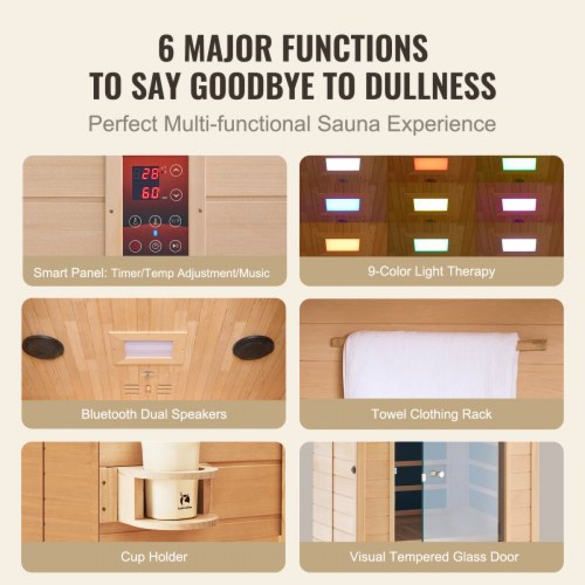 VEVOR Far Infrared Wood Sauna, Room Home Sauna Spa για 1 έως 2 Άτομα, Low EMF Far Infrared Wood Sauna με σκληρυμένη γυάλινη πόρτα & πολύχρωμη λάμπα & ηχεία Bluetooth & φώτα χρωματοθεραπείας,