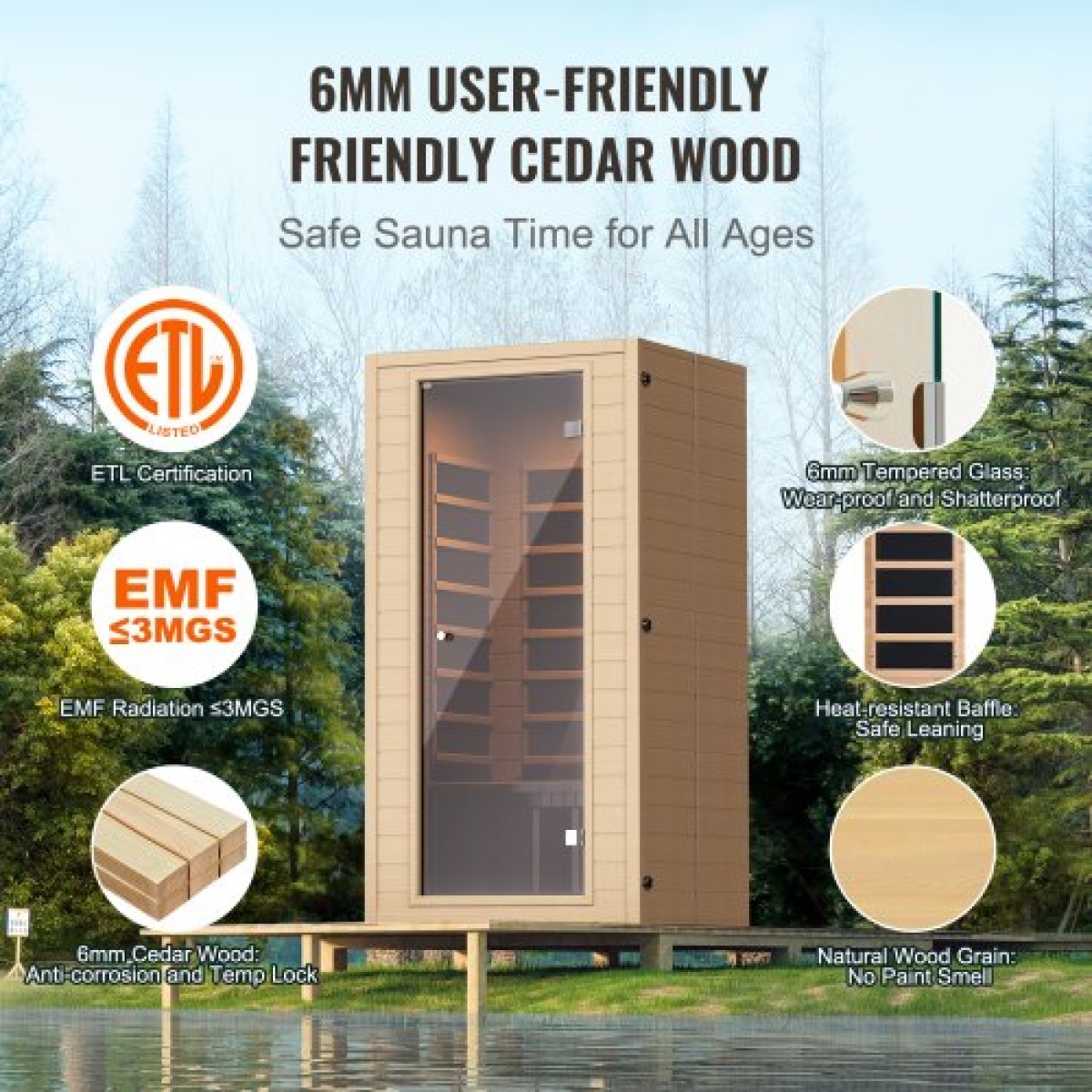 VEVOR Far Infrared Wood Sauna, Room Home Sauna Spa για 1 έως 2 Άτομα, Low EMF Far Infrared Wood Sauna με σκληρυμένη γυάλινη πόρτα & πολύχρωμη λάμπα & ηχεία Bluetooth & φώτα χρωματοθεραπείας,