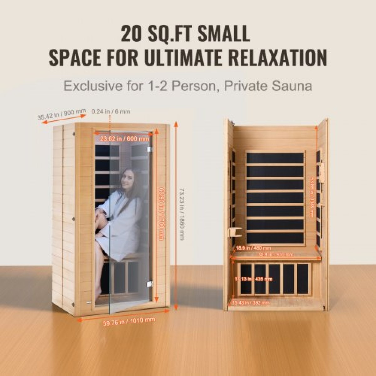 VEVOR Far Infrared Wood Sauna, Room Home Sauna Spa για 1 έως 2 Άτομα, Low EMF Far Infrared Wood Sauna με σκληρυμένη γυάλινη πόρτα & πολύχρωμη λάμπα & ηχεία Bluetooth & φώτα χρωματοθεραπείας,