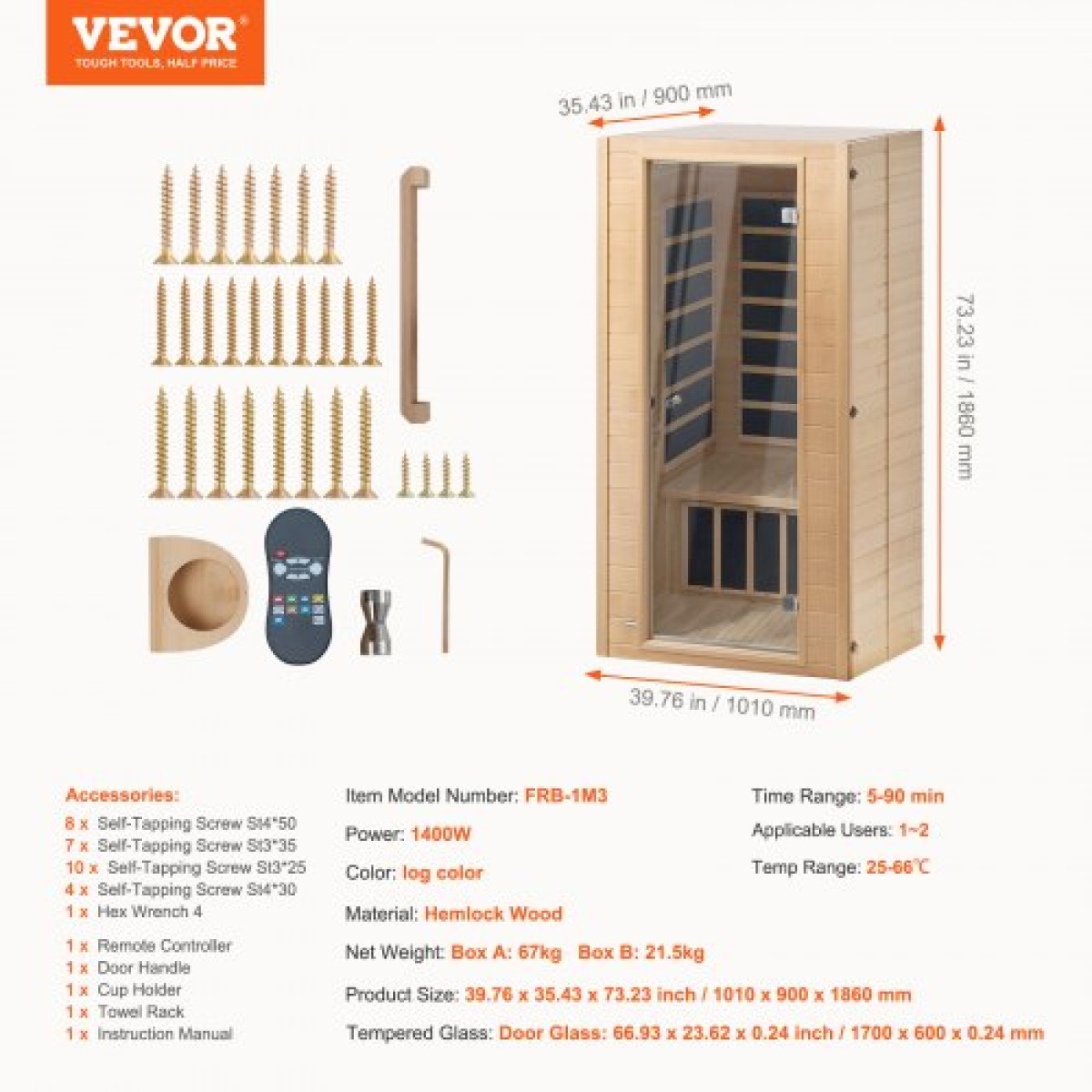 VEVOR Far Infrared Wood Sauna, Room Home Sauna Spa για 1 έως 2 Άτομα, Low EMF Far Infrared Wood Sauna με σκληρυμένη γυάλινη πόρτα & πολύχρωμη λάμπα & ηχεία Bluetooth & φώτα χρωματοθεραπείας,