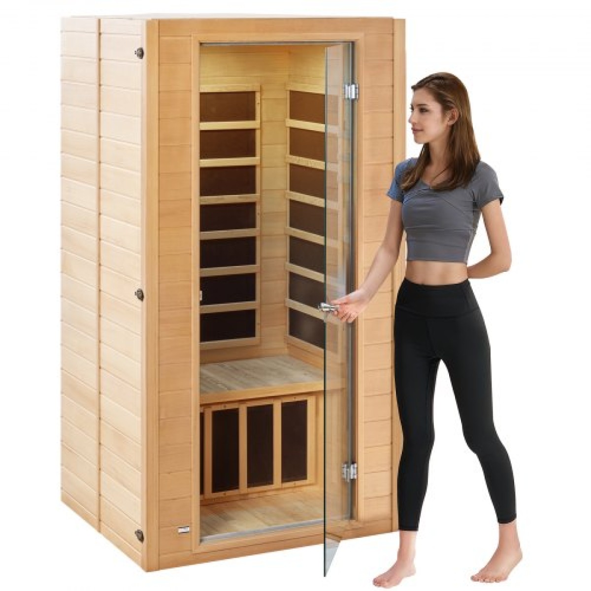 VEVOR Far Infrared Wood Sauna, Room Home Sauna Spa για 1 έως 2 Άτομα, Low EMF Far Infrared Wood Sauna με σκληρυμένη γυάλινη πόρτα & πολύχρωμη λάμπα & ηχεία Bluetooth & φώτα χρωματοθεραπείας,