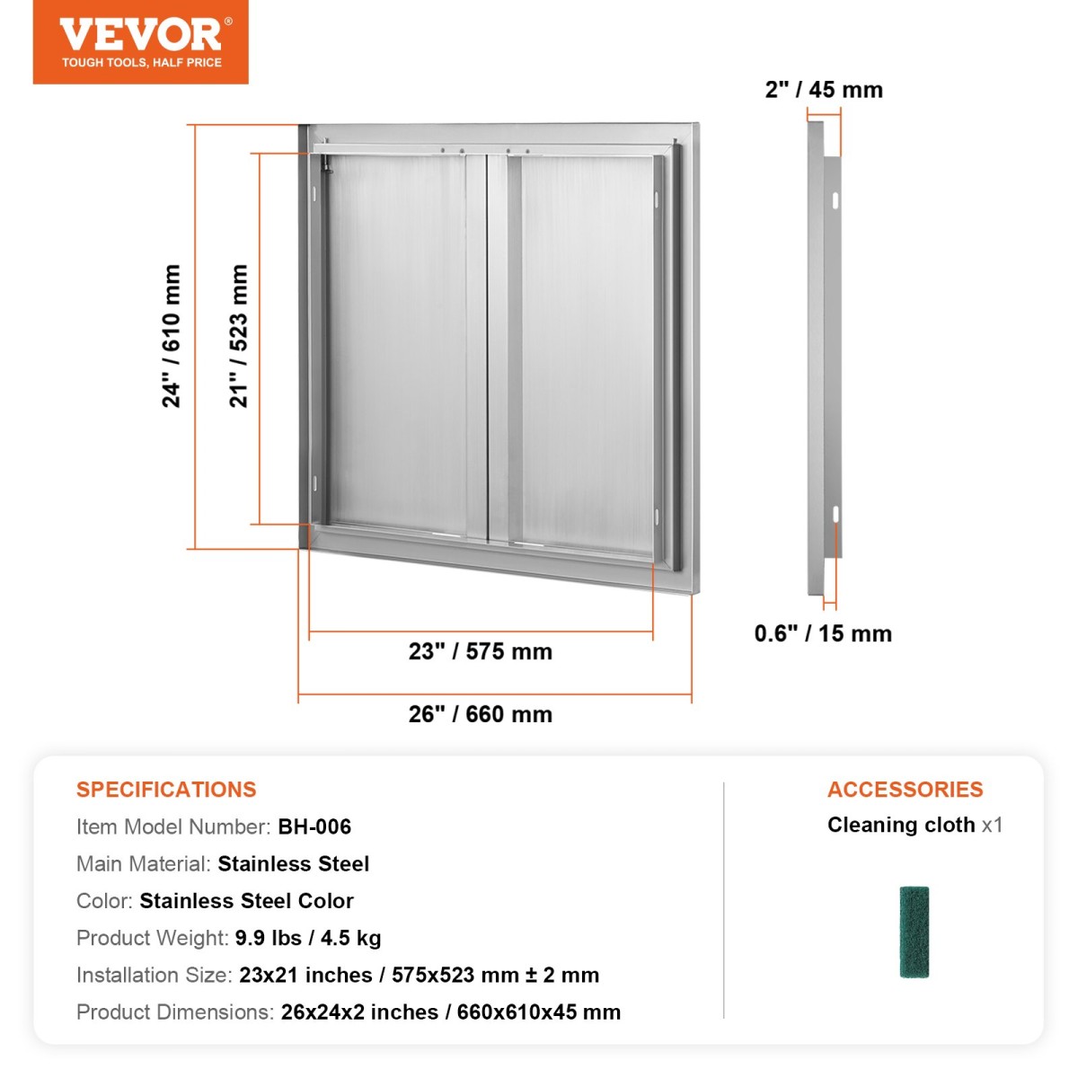 VEVOR BBQ Access Door, 660x610 mm Διπλή Πόρτα Εξωτερικής Κουζίνας, Πόρτα από ανοξείδωτο ατσάλι, Flush Mount Door, Wall Κατακόρυφη Πόρτα με Χειρολαβές, για BBQ Island, Ψητοπωλείο, Εξωτερικό ντουλάπι