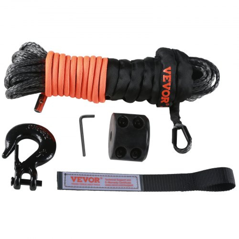 VEVOR Synthetic Winch Rope, 6,35 mm x 15,24 m 4.536 kg Συνθετικό σχοινί καλωδίου βαρούλκου με προστατευτικό μανίκι + πώμα + σφυρήλατο άγκιστρο βαρούλκου + ιμάντα έλξης, κατάλληλο για ATV, UTV, Μικρό όχημα, Pickup