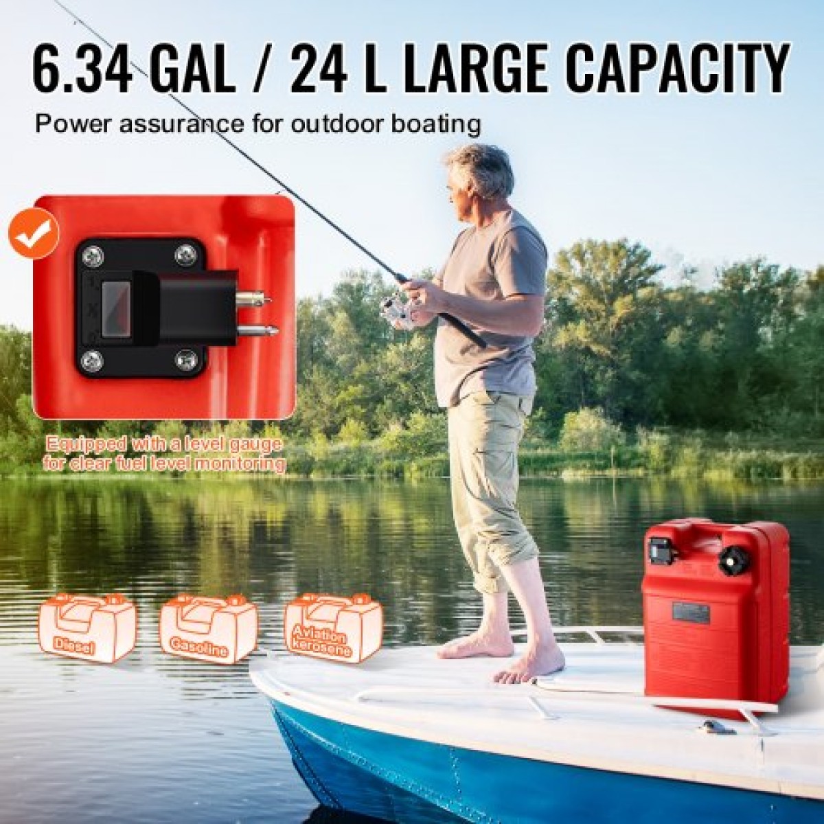 VEVOR Marine Tank, 6,34-Gallon/24-L Marine Portable Tank Outboard Marine Boat Transfer Tank with 9,8ft Hose, Gauge for Outboard Engine Boats, Yacht, Fishing Boat, Deck Boat, Red