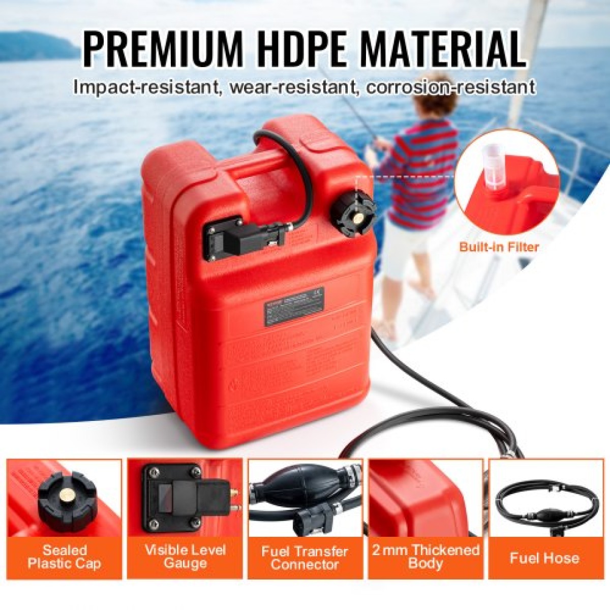 VEVOR Marine Tank, 6,34-Gallon/24-L Marine Portable Tank Outboard Marine Boat Transfer Tank with 9,8ft Hose, Gauge for Outboard Engine Boats, Yacht, Fishing Boat, Deck Boat, Red