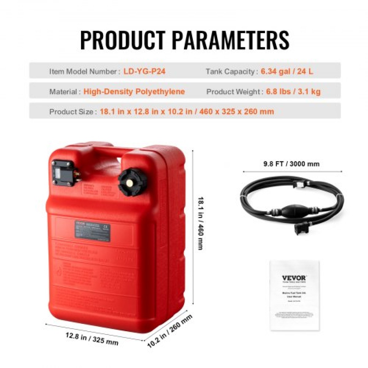 VEVOR Marine Tank, 6,34-Gallon/24-L Marine Portable Tank Outboard Marine Boat Transfer Tank with 9,8ft Hose, Gauge for Outboard Engine Boats, Yacht, Fishing Boat, Deck Boat, Red