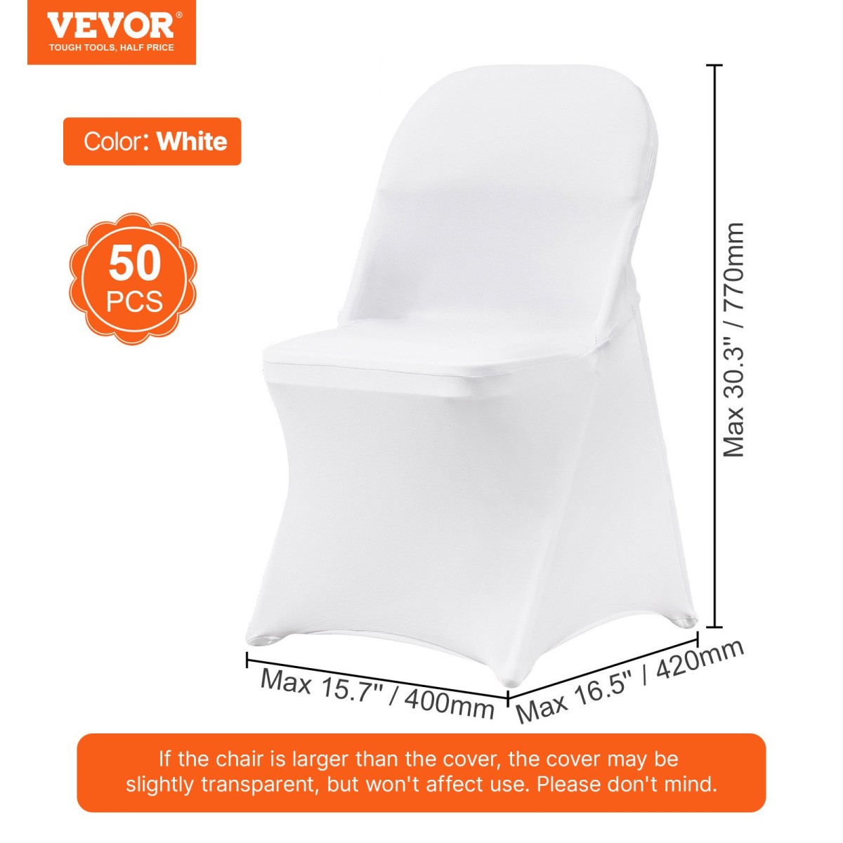 Πτυσσόμενα καλύμματα καρέκλας VEVOR Stretch Spandex, Universal Εφαρμοσμένο κάλυμμα καρέκλας, Αφαιρούμενα πλενόμενα προστατευτικά καλύμματα, για γάμους, διακοπές, συμπόσιο, πάρτι, γιορτή, δείπνο (50 τμχ Λευκό)