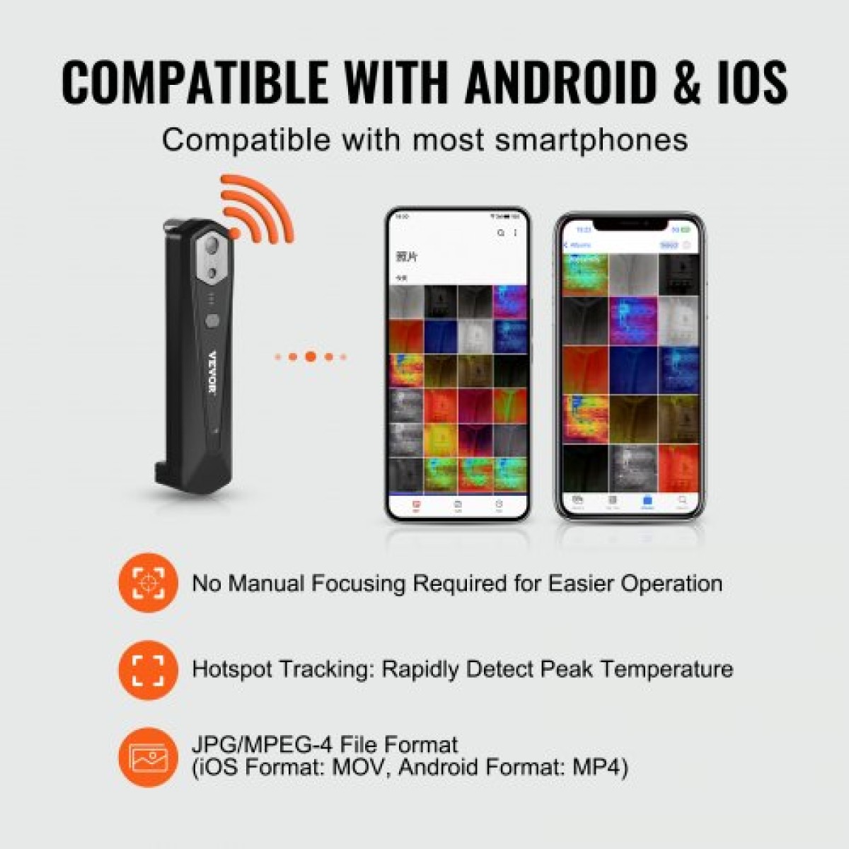 Θερμική κάμερα VEVOR για Android & IOS, ασύρματη θερμική απεικόνιση υπερύθρων ανάλυσης 256 x 192 υπερύθρων με WiFi & οπτική κάμερα, θερμική κάμερα 25 Hz Rate Refresh Rate για Smartphone, -4°F-1022°F, IP54