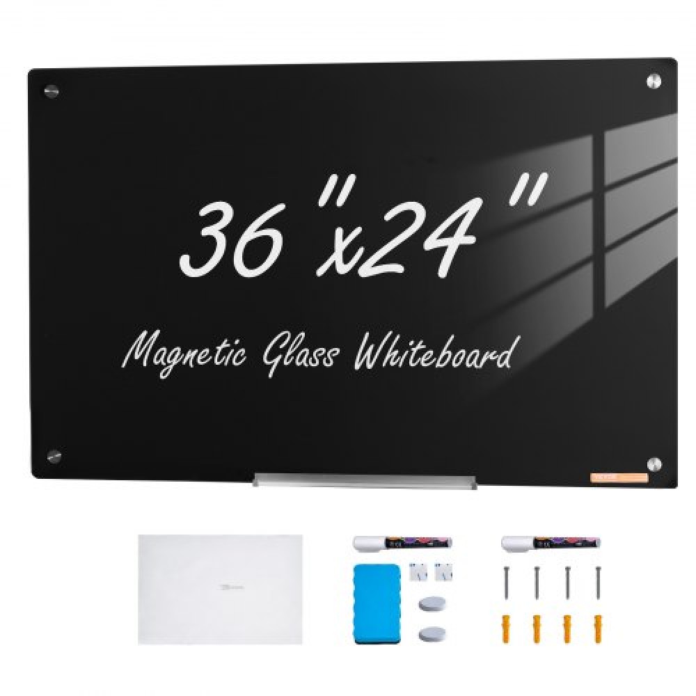 Whiteboard VEVOR Magnetic Glass, Dry Erase Board 36"x24", Επιτοίχια Μεγάλη Λευκή Γυάλινη Πίνακας χωρίς πλαίσιο, με Δίσκο μαρκαδόρου, Γόμα και 2 Μαρκαδόρους, Μαύρο
