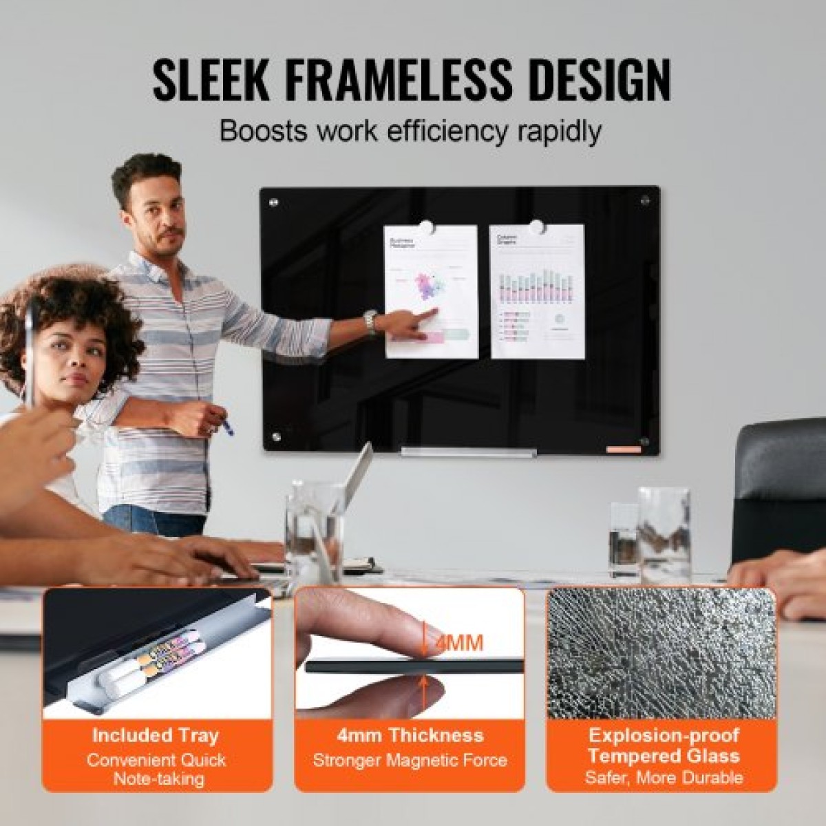 Whiteboard VEVOR Magnetic Glass, Dry Erase Board 36"x24", Επιτοίχια Μεγάλη Λευκή Γυάλινη Πίνακας χωρίς πλαίσιο, με Δίσκο μαρκαδόρου, Γόμα και 2 Μαρκαδόρους, Μαύρο