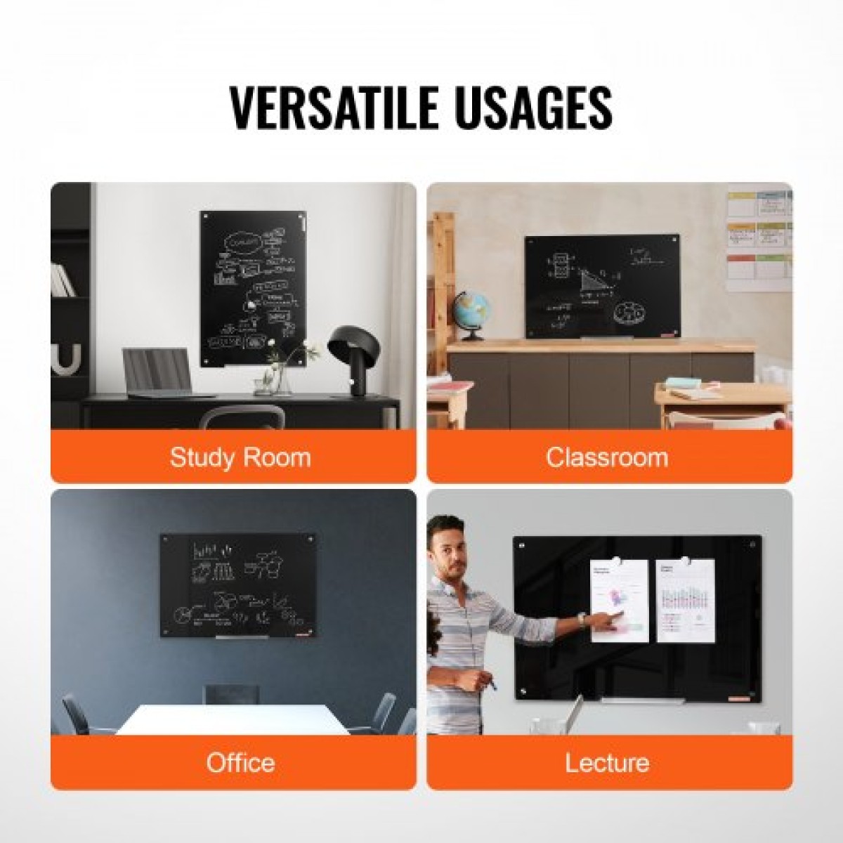 Whiteboard VEVOR Magnetic Glass, Dry Erase Board 36"x24", Επιτοίχια Μεγάλη Λευκή Γυάλινη Πίνακας χωρίς πλαίσιο, με Δίσκο μαρκαδόρου, Γόμα και 2 Μαρκαδόρους, Μαύρο