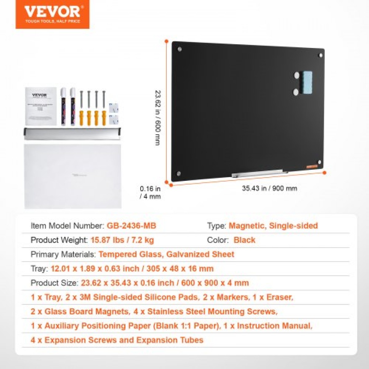 Whiteboard VEVOR Magnetic Glass, Dry Erase Board 36"x24", Επιτοίχια Μεγάλη Λευκή Γυάλινη Πίνακας χωρίς πλαίσιο, με Δίσκο μαρκαδόρου, Γόμα και 2 Μαρκαδόρους, Μαύρο