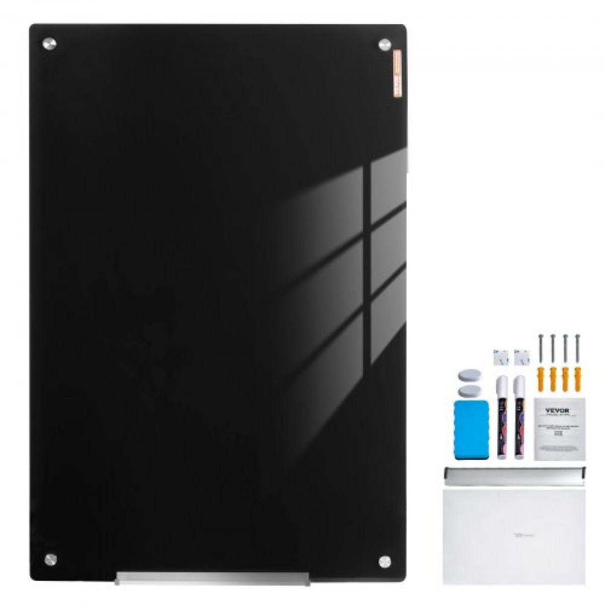 Whiteboard VEVOR Magnetic Glass, Dry Erase Board 36"x24", Επιτοίχια Μεγάλη Λευκή Γυάλινη Πίνακας χωρίς πλαίσιο, με Δίσκο μαρκαδόρου, Γόμα και 2 Μαρκαδόρους, Μαύρο