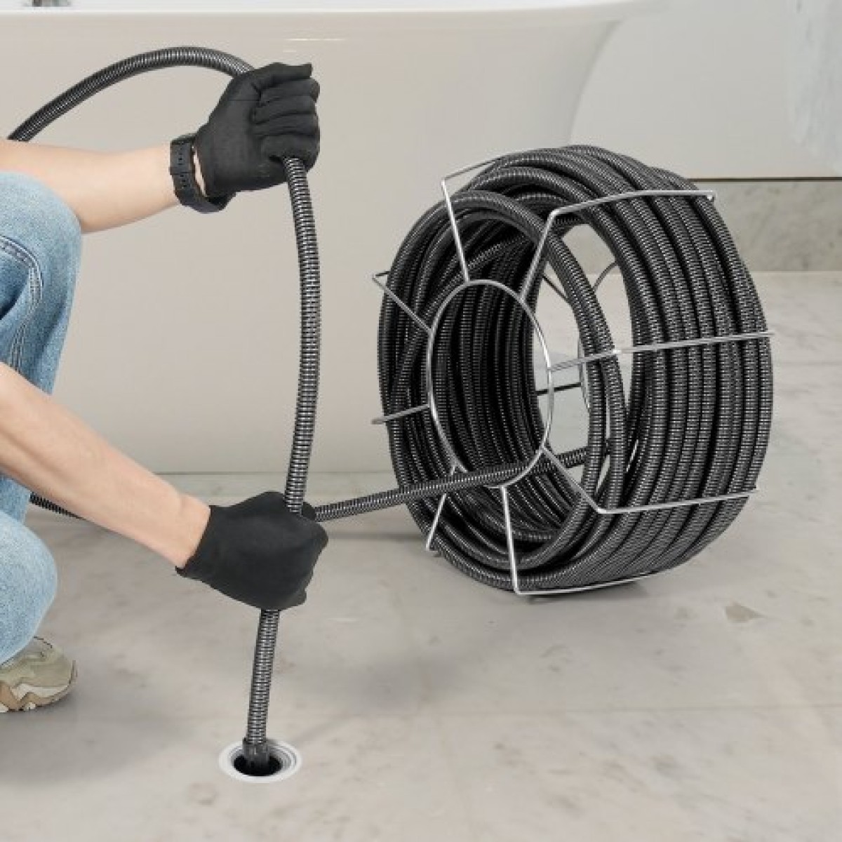 Καλώδιο καθαρισμού αποχέτευσης VEVOR 100 FT x 3/4 ιντσών, Καλώδιο καθαρισμού αποχέτευσης στερεού πυρήνα από χάλυβα με 4 κοπτήρες για σωλήνες 3,9" έως 7,9", Επαγγελματικό καλώδιο αποχέτευσης αποχέτευσης εσωτερικού πυρήνα για νεροχύτη, αποχέτευση 