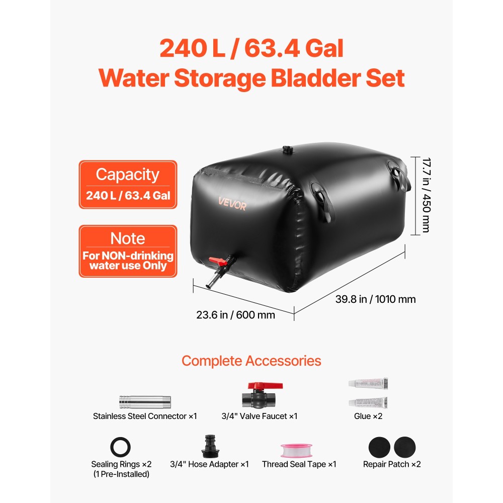 VEVOR Water Storage Bladder, 240L φορητή & πτυσσόμενη τσάντα αποθήκευσης νερού, ανθεκτική στη φθορά 1000D PVC τσάντα μαλακών νερών, στεγανά δοχεία κάμπινγκ για άρδευση κήπου RV έκτακτης ανάγκης, Μαύρο