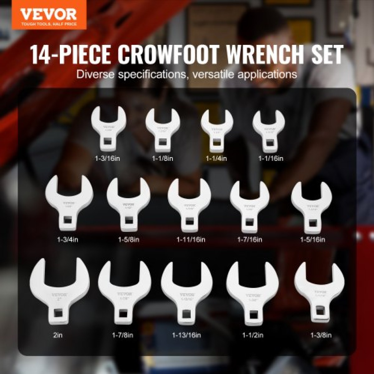 VEVOR Crowfoot Wrench Set, 1/2" Drive 14-Piece SAE (1-1/16" - 2") Crows Foot Wrench Set with Storage Tray, 40CR Material with Laser Etched Sing, για μηχανική συντήρηση ή επισκευή