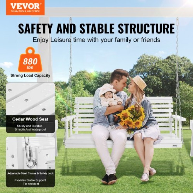 VEVOR 60” Porch Swing Bench Wooden Hanging Outdoor Garden Patio Courtyard White