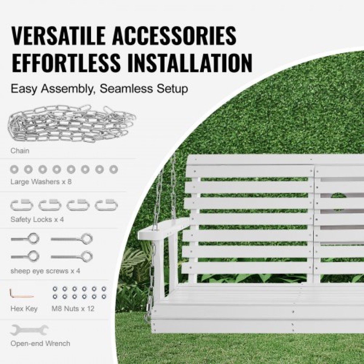 VEVOR 60” Porch Swing Bench Wooden Hanging Outdoor Garden Patio Courtyard White