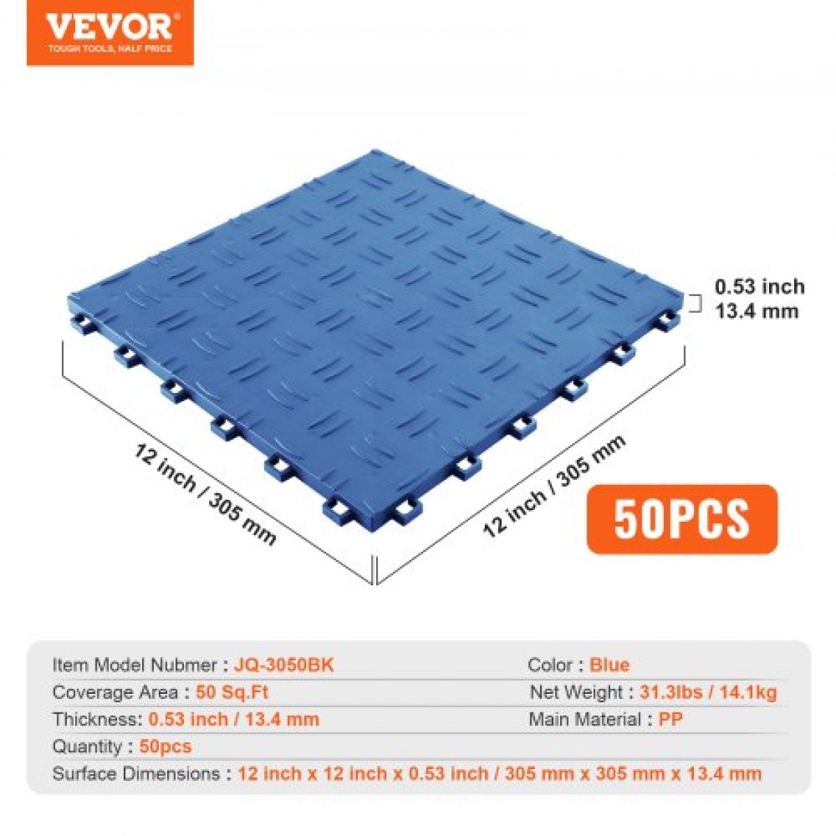 VEVOR Πλακάκια γκαράζ Interlocking, 12 x 12 x 0,53 ιντσών 50 Pack Πλακάκια δαπέδου γκαράζ, αντιολισθητικά πλακάκια δαπέδου γκαράζ διπλής όψης, για γκαράζ, υπόγεια, επισκευαστήρια, μπλε