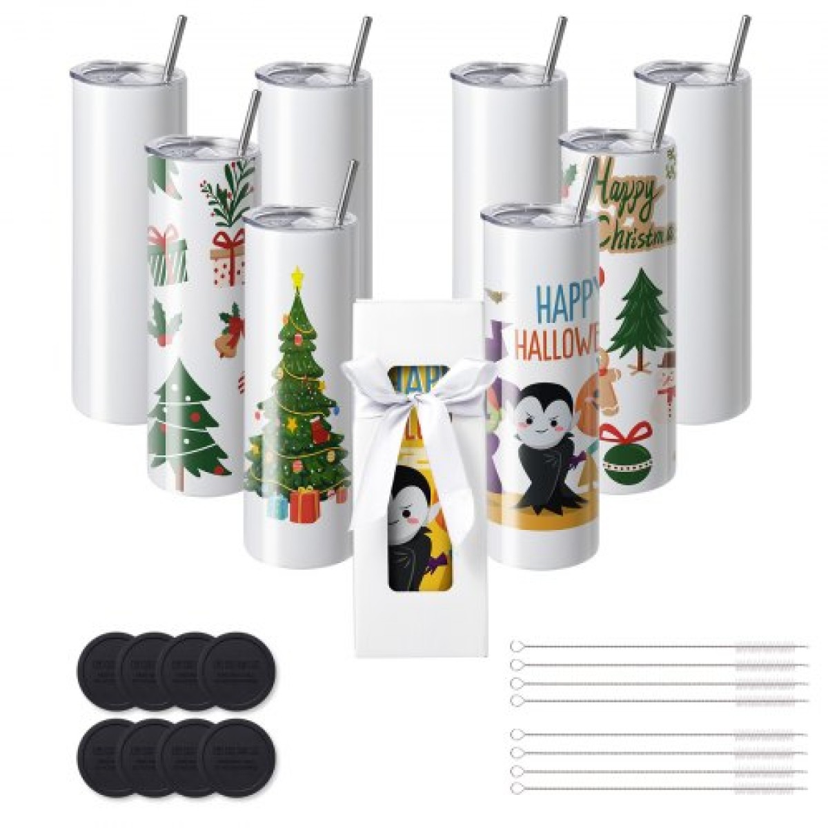 VEVOR 8 Pack Straight Sublimation Tumblers, 30 oz/850,5 g Blank Tumbler Bulk, από ανοξείδωτο χάλυβα διπλού τοιχώματος ποτηράκια με καλαμάκι, καπάκι, βούρτσα, βάση, συρρικνωμένο περιτύλιγμα, κουτί δώρου, για πρέσα θερμότητας και μεταφορά θερμότητας