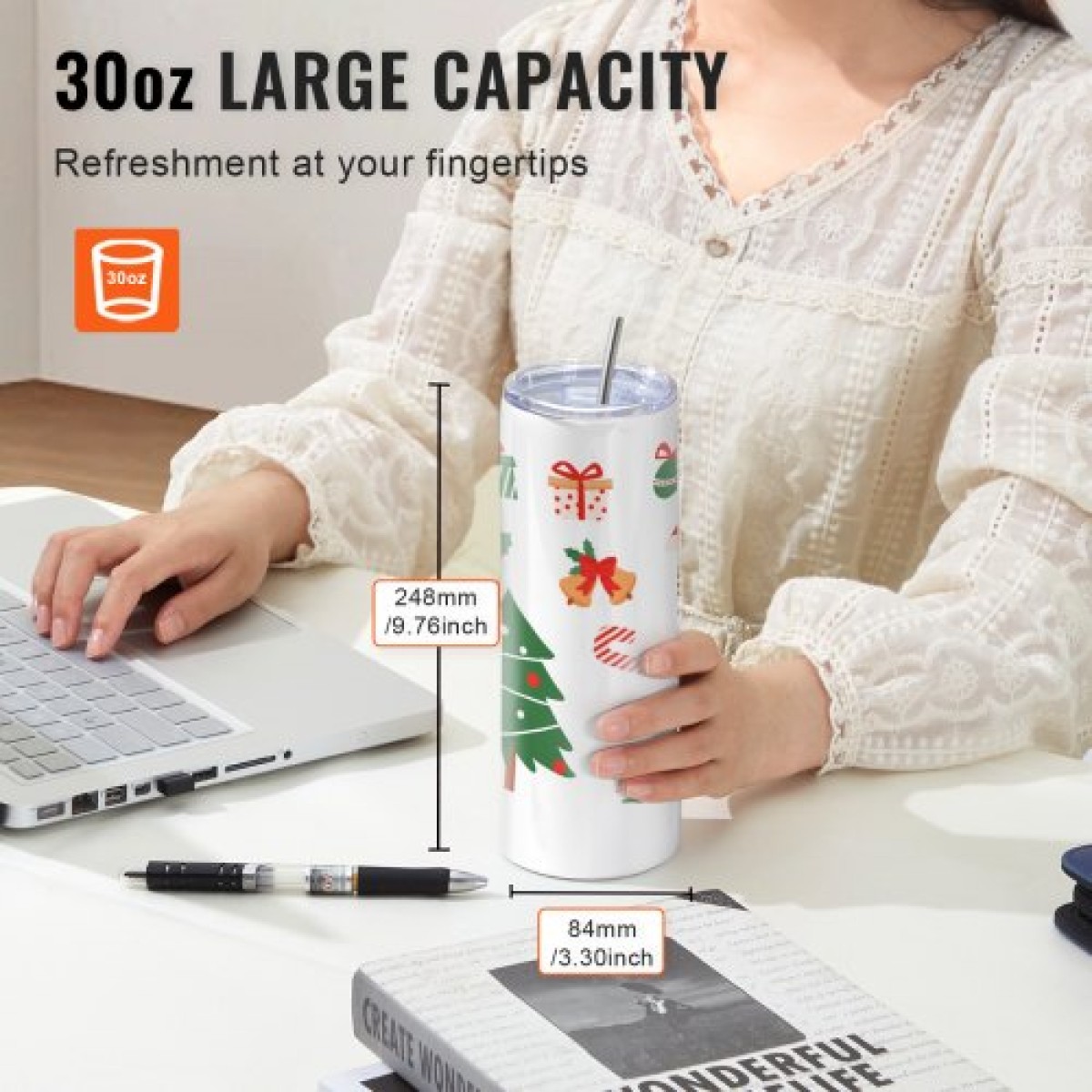 VEVOR 8 Pack Straight Sublimation Tumblers, 30 oz/850,5 g Blank Tumbler Bulk, από ανοξείδωτο χάλυβα διπλού τοιχώματος ποτηράκια με καλαμάκι, καπάκι, βούρτσα, βάση, συρρικνωμένο περιτύλιγμα, κουτί δώρου, για πρέσα θερμότητας και μεταφορά θερμότητας